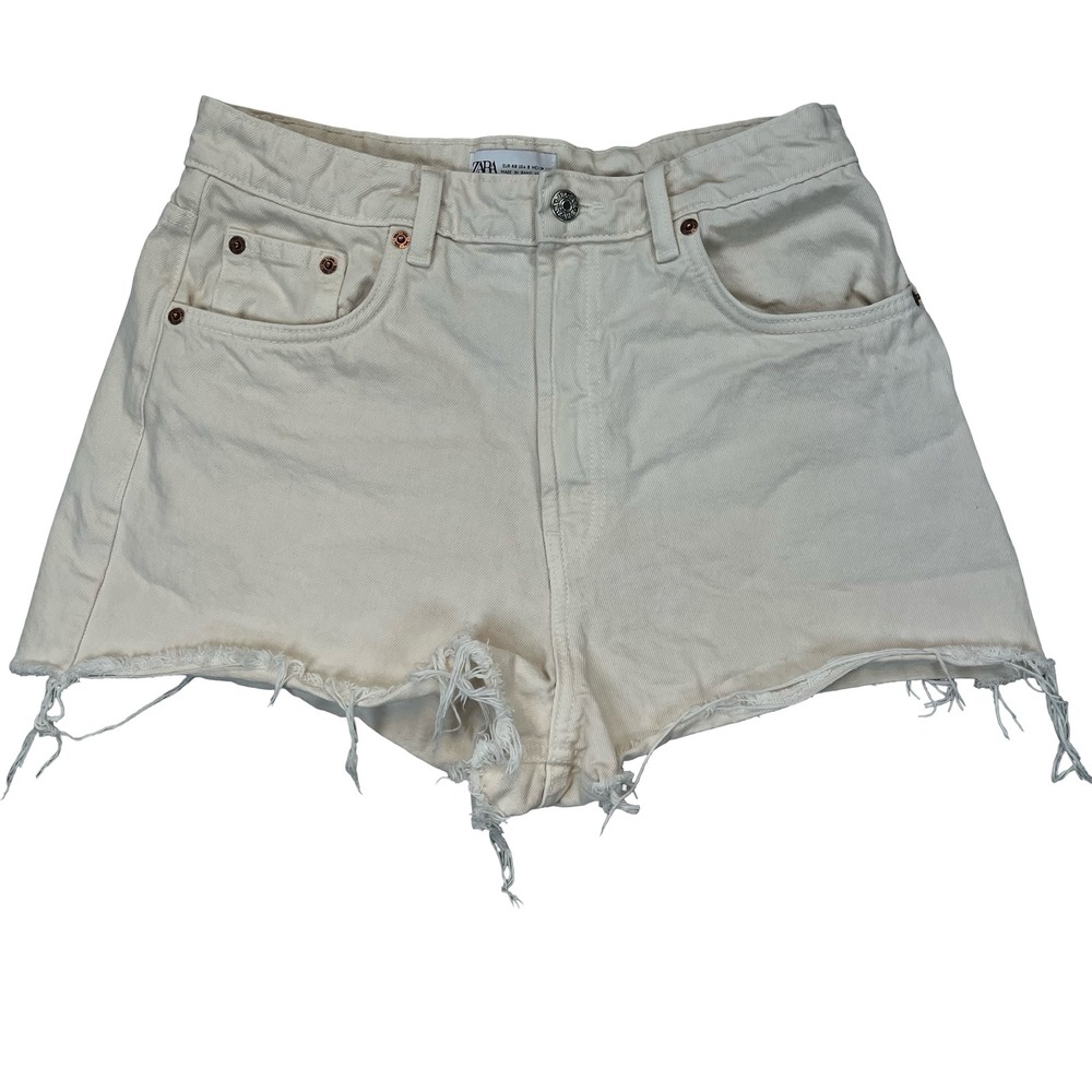 Zara Womens Denim Shorts Off White High Rise Raw Hem Boho Festival Size 8